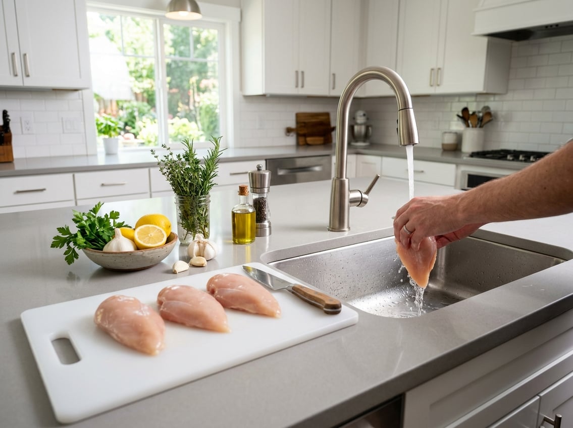 Fresh raw chicken breasts on a cutting board next to a running kitchen faucet in a clean kitchen.