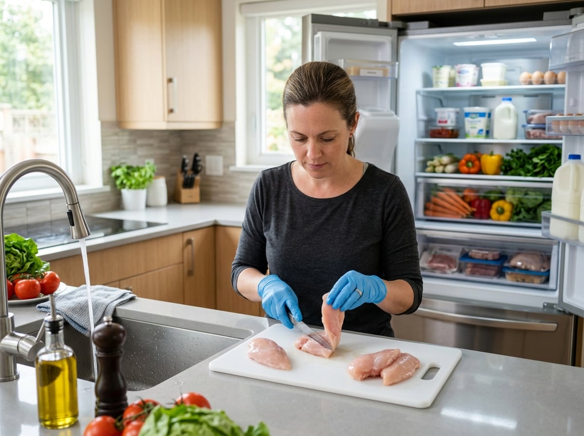 Person wearing gloves handling raw chicken breast on a cutting board in a clean kitchen with an open refrigerator in the background.