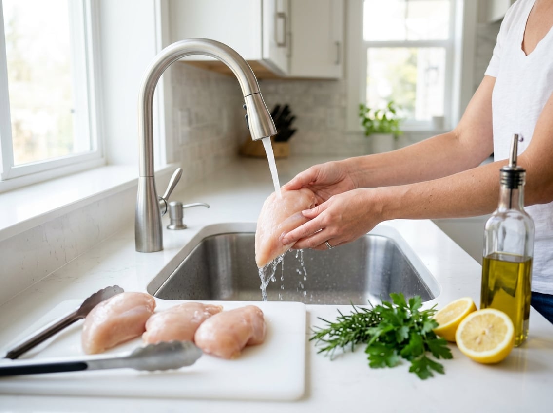 Hands washing raw chicken breasts under running water in a kitchen sink with fresh herbs and lemon on the countertop.