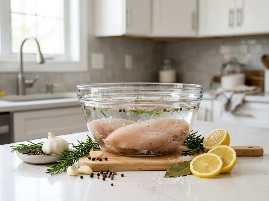 A kitchen countertop with a glass bowl containing chicken breasts submerged in brine, surrounded by herbs, garlic, and lemon slices.