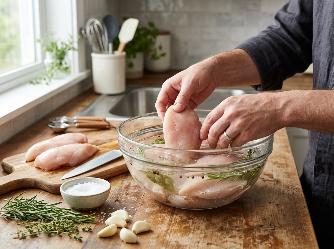 Hands placing raw chicken breasts into a glass bowl filled with saltwater brine on a wooden countertop with herbs and garlic nearby.