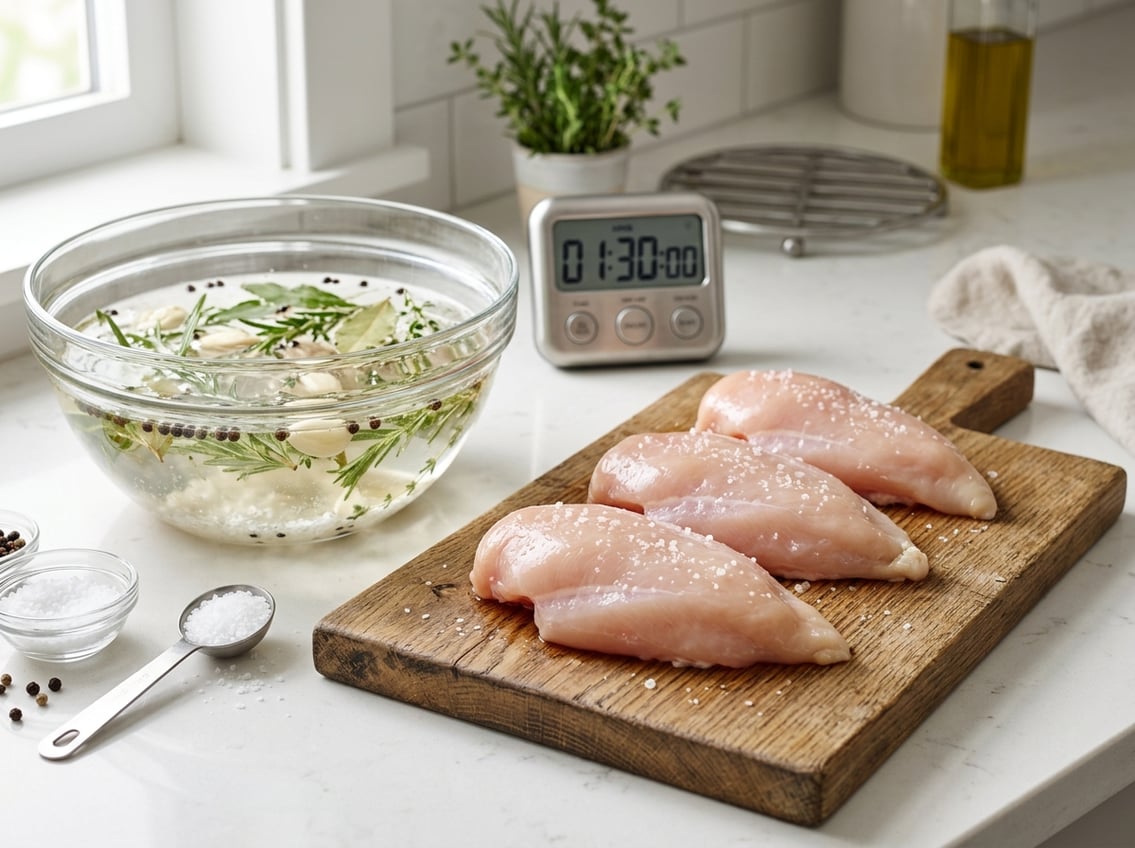 A kitchen scene showing raw chicken breasts on a cutting board, a bowl of saltwater brine with herbs, a spoon with salt, and a kitchen timer in the background.