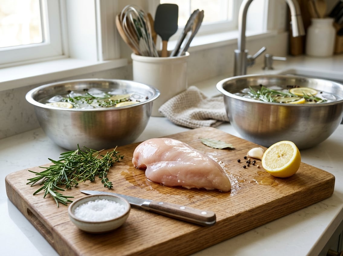 Raw chicken breast on a cutting board surrounded by fresh herbs, a lemon, and a bowl of water with ice cubes in a kitchen setting.
