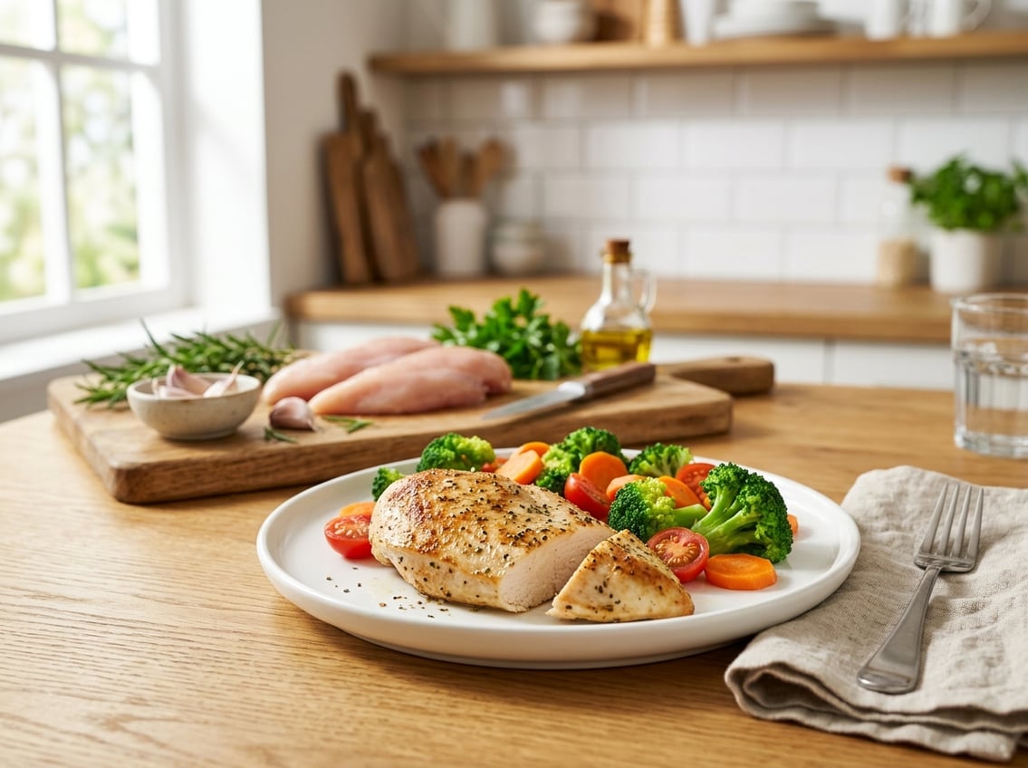 A cooked chicken breast on a plate with steamed vegetables, fresh raw chicken breasts and herbs in the background on a kitchen counter.