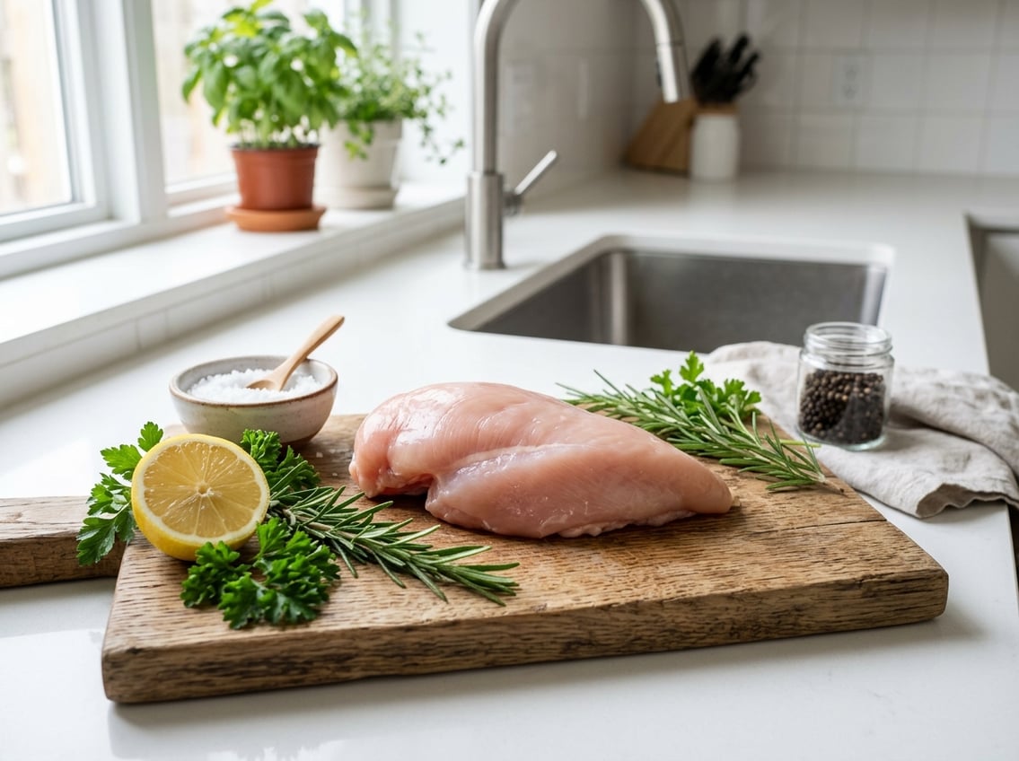 Raw chicken breast on a wooden cutting board with herbs and lemon in a kitchen, no water running.