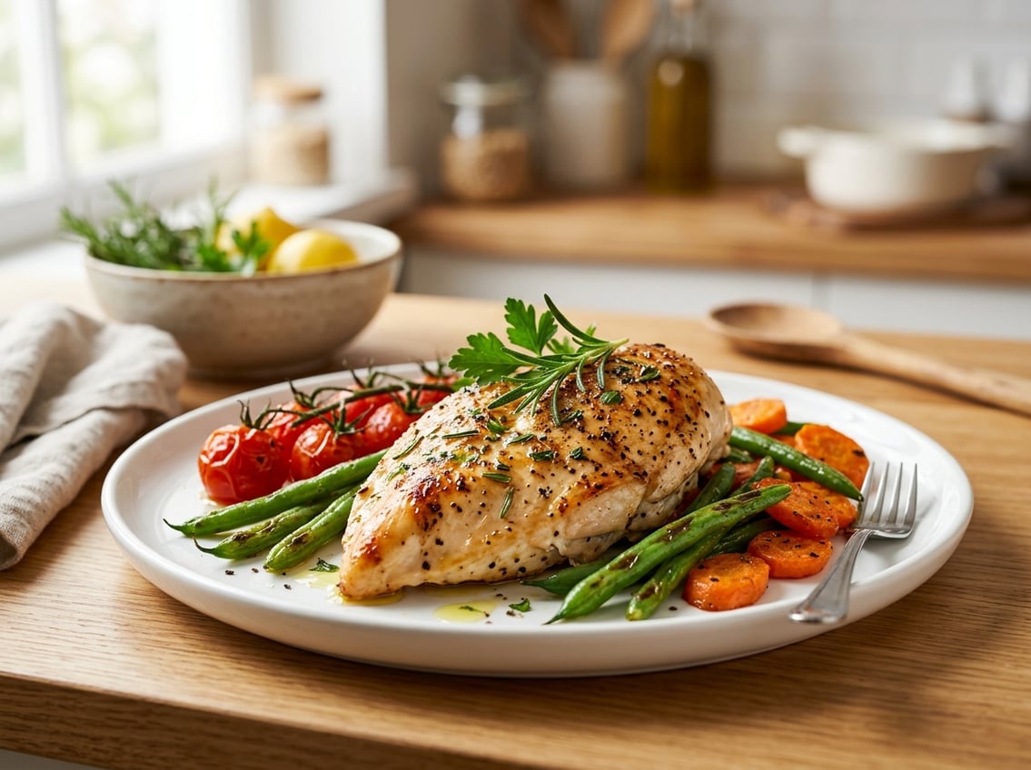 A cooked chicken breast garnished with herbs on a white plate, surrounded by fresh vegetables on a kitchen table.