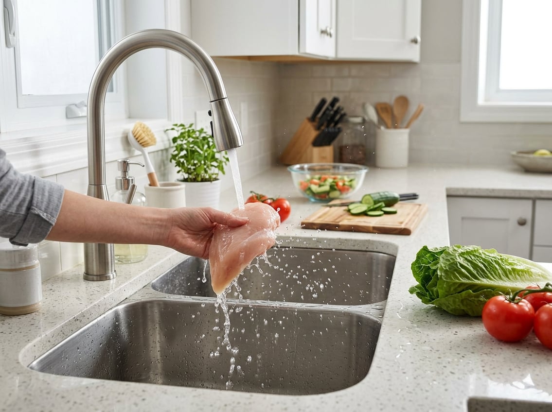 A kitchen sink with raw chicken breast being washed under running water, water splashing around the sink and countertop near fresh vegetables.