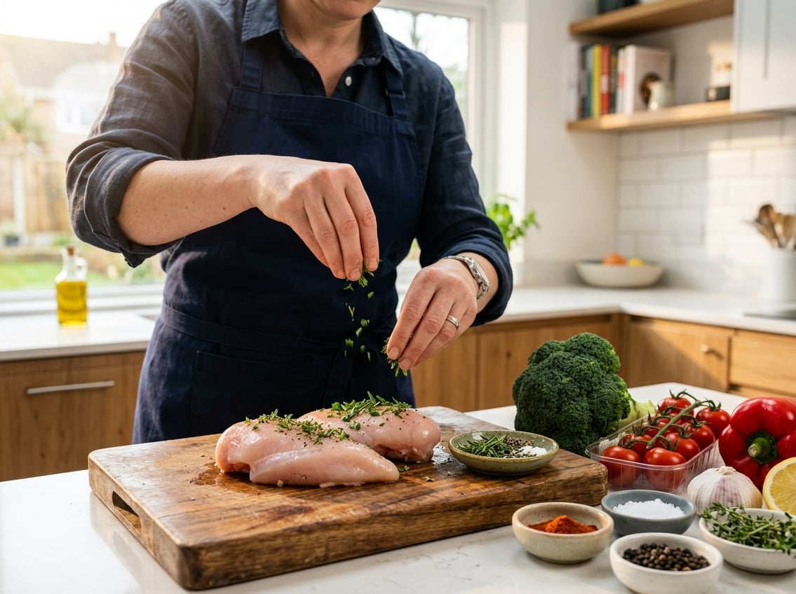 Hands seasoning raw chicken breasts on a cutting board surrounded by fresh vegetables and herbs in a bright kitchen.