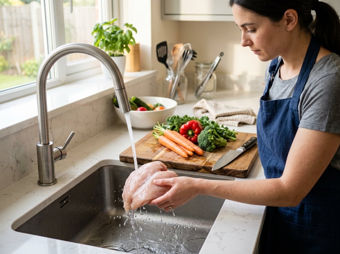 Person washing chicken breasts under running water in a kitchen sink with fresh vegetables and kitchen utensils nearby.