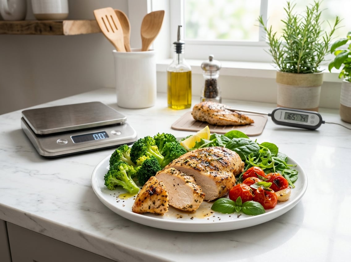 A cooked chicken breast on a plate with fresh vegetables on a kitchen countertop, alongside a food thermometer and kitchen scale.