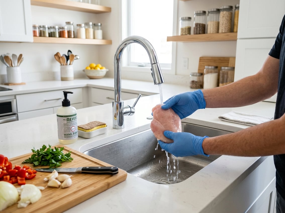 Hands rinsing raw chicken breasts under running water in a clean kitchen sink with kitchen utensils and vegetables nearby.
