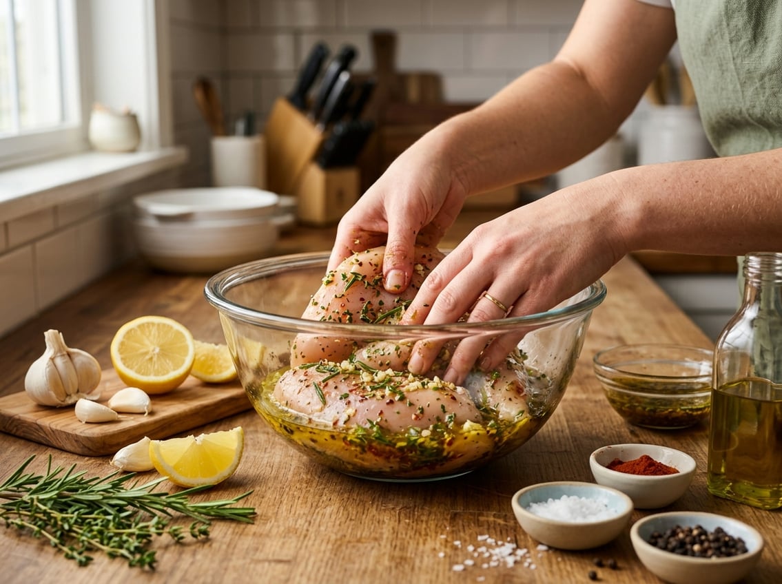 Hands mixing raw chicken breasts with herbs and marinade in a glass bowl on a wooden countertop surrounded by fresh ingredients.