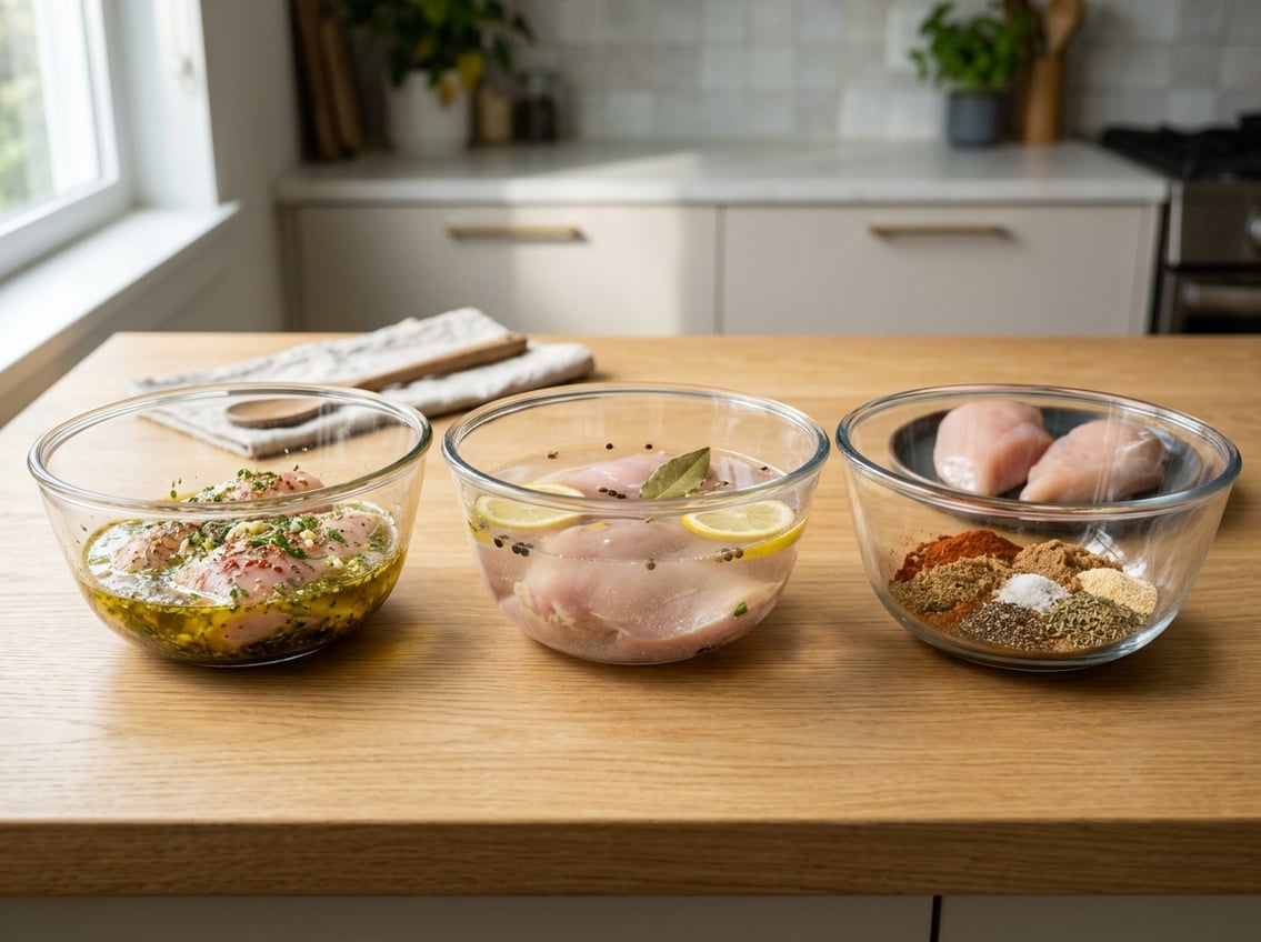 Three glass bowls on a kitchen counter showing raw chicken breasts prepared with marinade, brine, and dry rub seasonings.