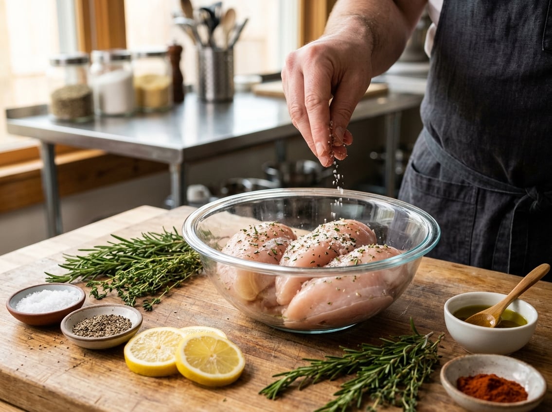 Close-up of raw chicken breasts in a bowl with fresh herbs, lemon slices, and spices on a wooden countertop, with a hand sprinkling seasoning over the chicken.