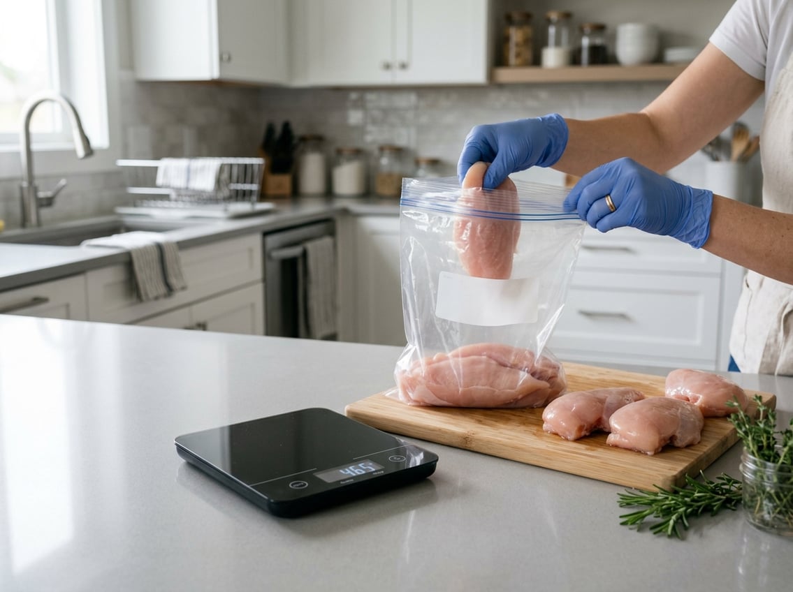 Hands placing raw chicken breasts into a clear freezer bag on a kitchen countertop with herbs and kitchen tools nearby.