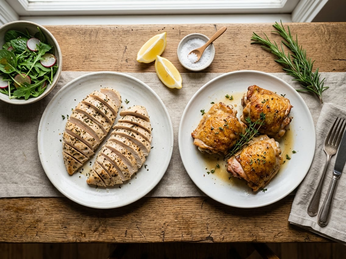 Two plates on a wooden table, one with sliced chicken breast and the other with cooked chicken thighs, surrounded by fresh herbs and lemon wedges.