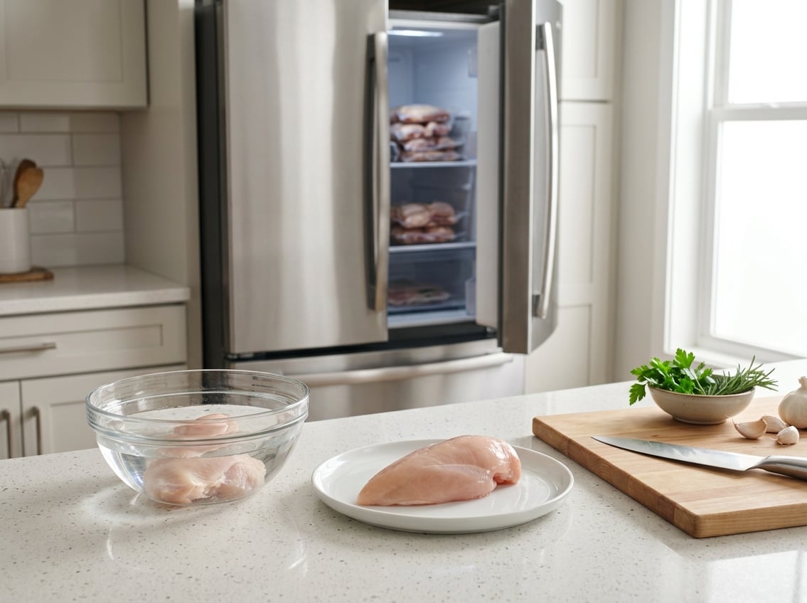 A kitchen countertop with a raw chicken breast on a plate next to a bowl of water and an open refrigerator showing frozen chicken inside.