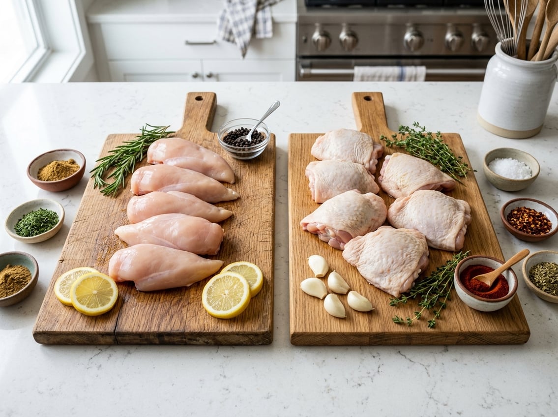 Two wooden cutting boards on a kitchen countertop with raw chicken breasts on one and raw chicken thighs on the other, surrounded by herbs and spices.