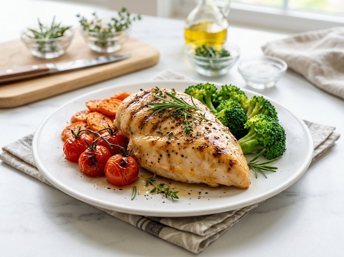 A cooked chicken breast on a plate with fresh herbs and vegetables on a kitchen countertop.