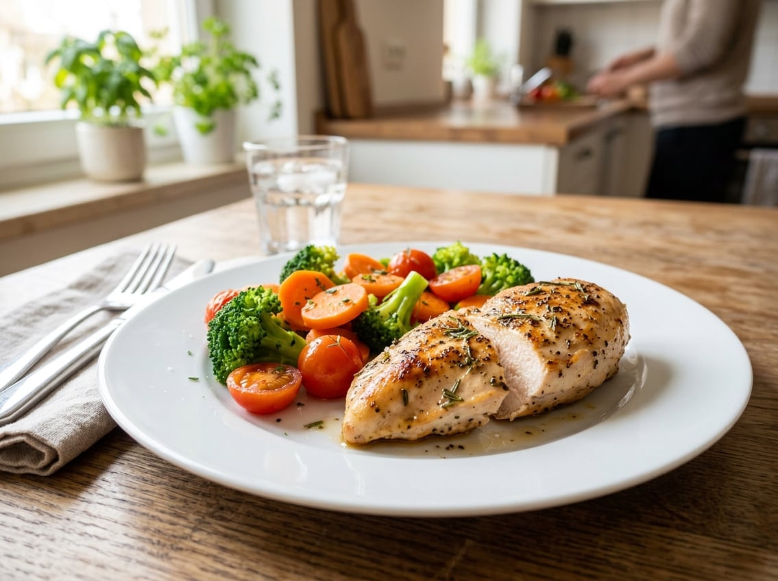 A cooked chicken breast on a white plate with steamed vegetables in a bright kitchen setting.
