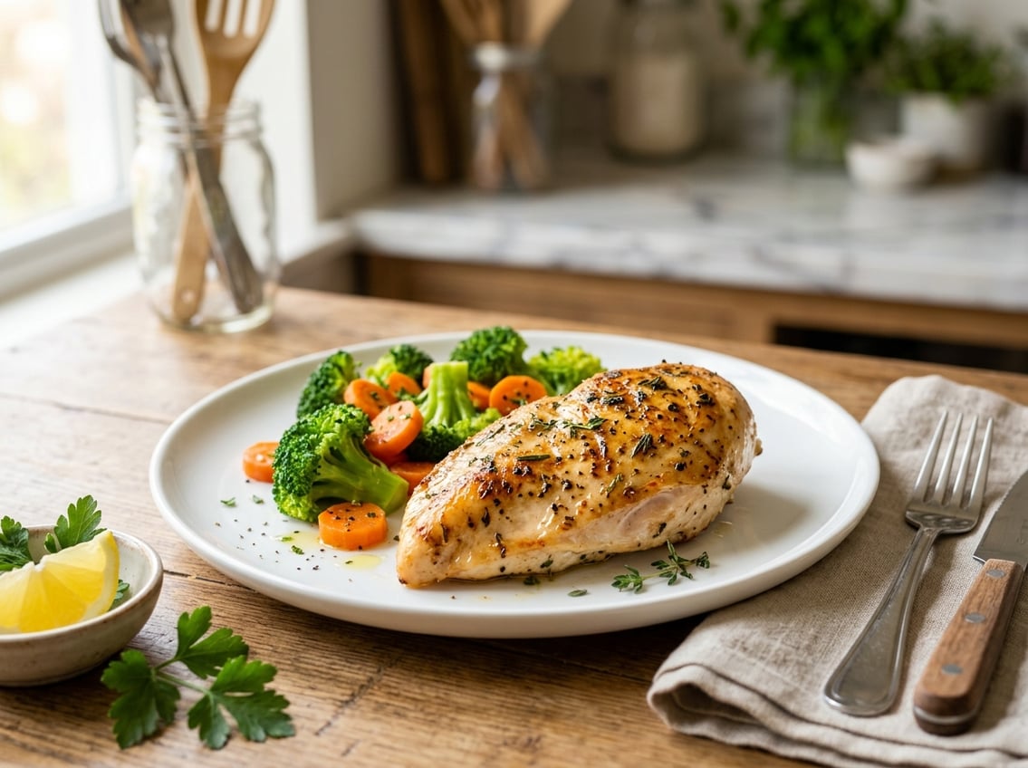 A cooked chicken breast on a white plate with steamed vegetables on a dining table.