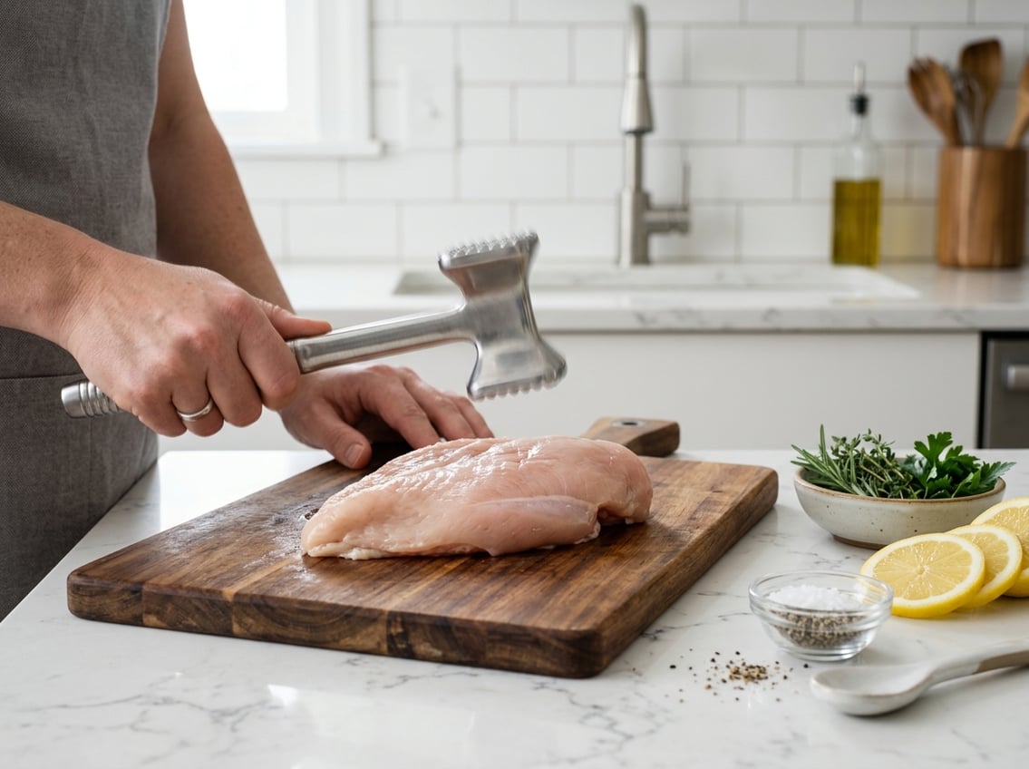 A raw chicken breast being pounded with a meat mallet on a wooden cutting board in a kitchen setting.