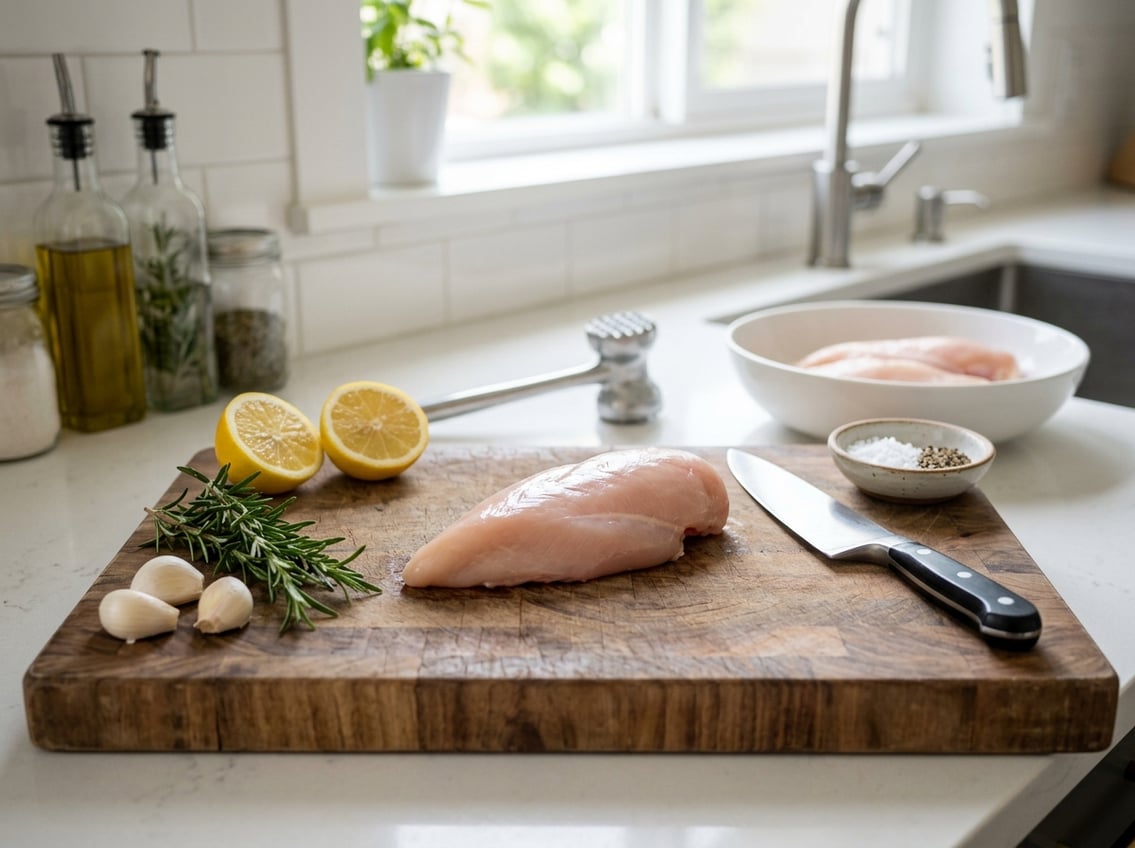 Raw chicken breast on a wooden cutting board surrounded by fresh ingredients and a chef's knife in a kitchen.