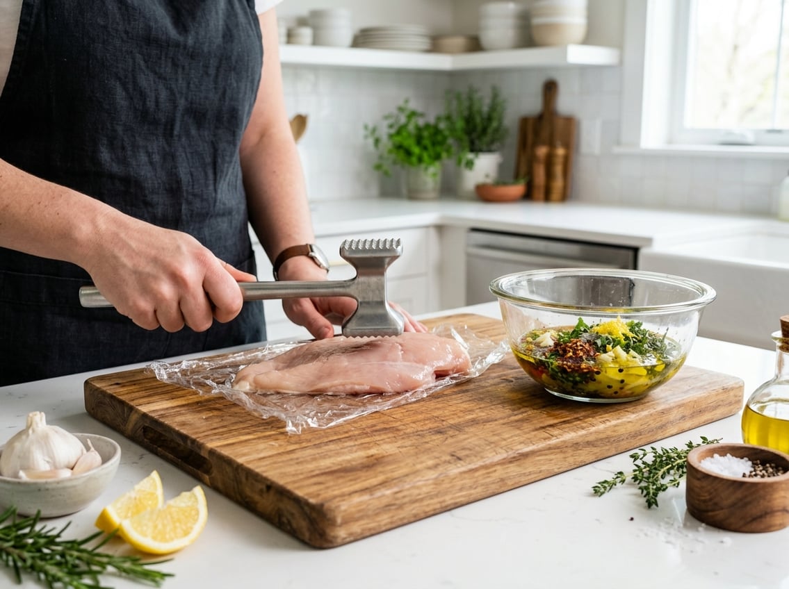 A person pounding a raw chicken breast with a meat mallet on a wooden cutting board surrounded by fresh marinade ingredients in a kitchen.