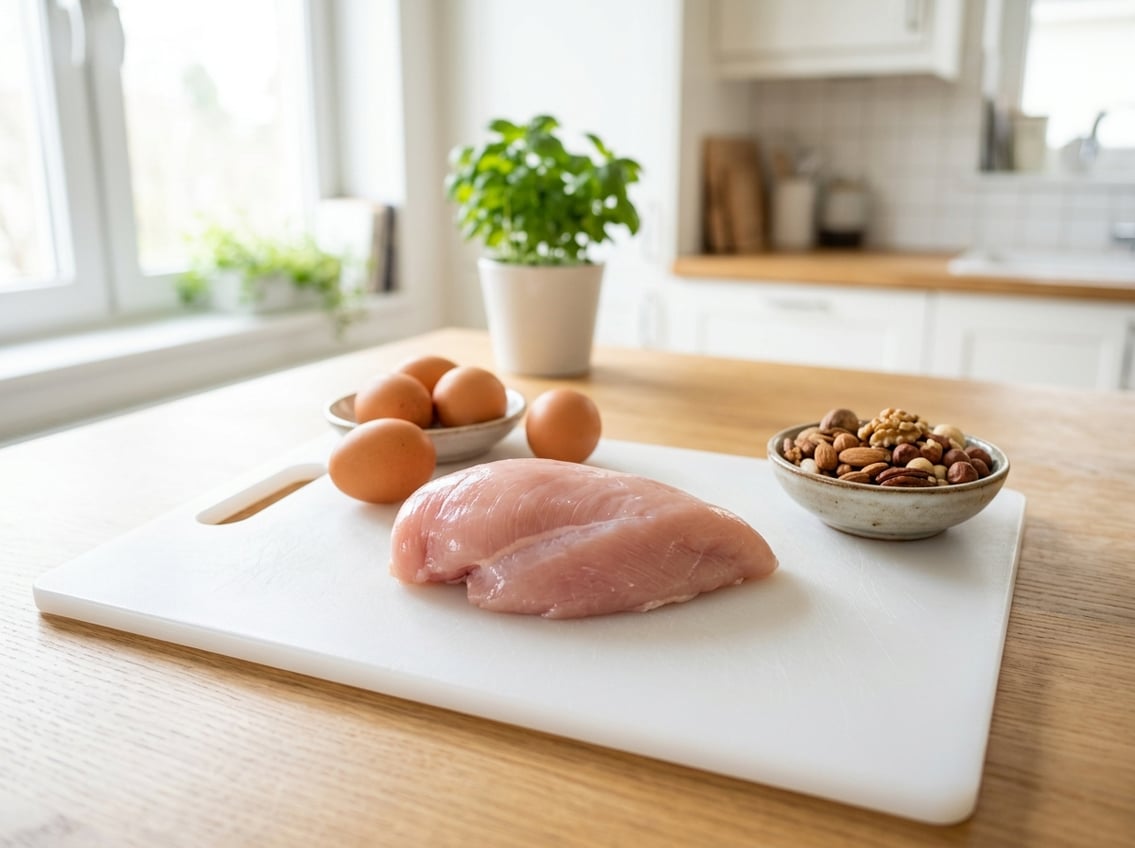 A fresh raw chicken breast on a white cutting board with eggs and nuts nearby in a bright kitchen.
