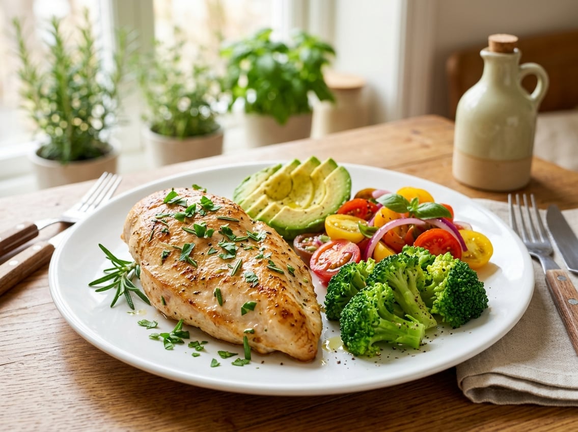 A cooked chicken breast on a white plate garnished with herbs, surrounded by avocado, cherry tomatoes, and broccoli.