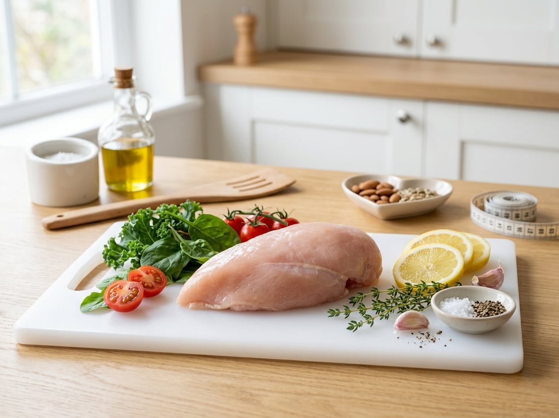 A raw chicken breast on a white cutting board surrounded by fresh vegetables in a bright kitchen.