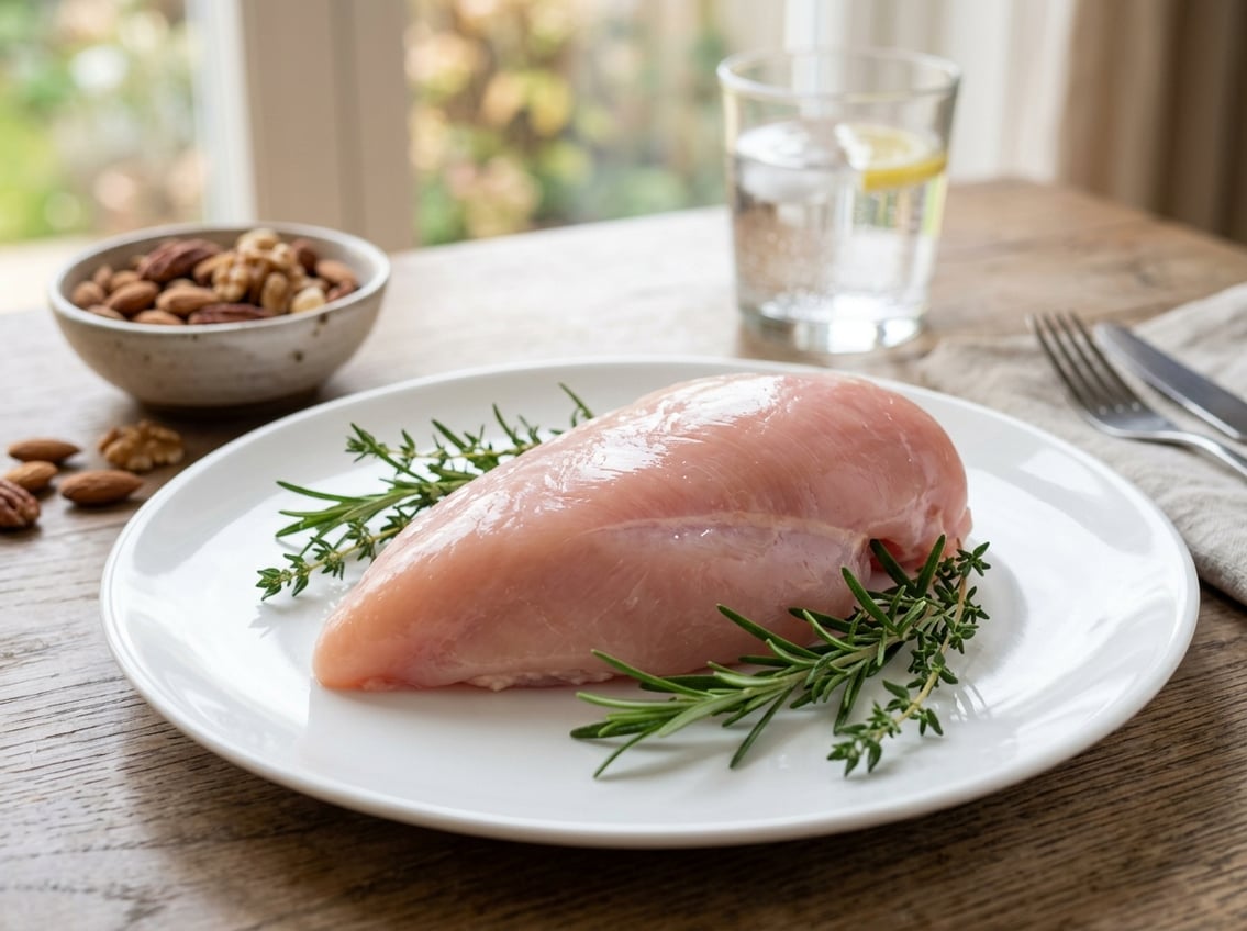 Close-up of a raw chicken breast on a white plate with fresh herbs, a bowl of nuts, and a glass of water in the background.
