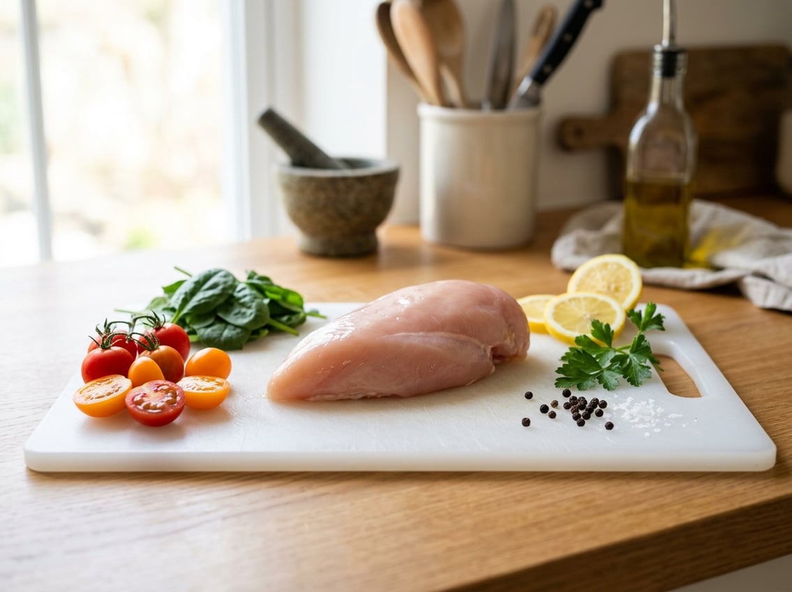 A fresh raw chicken breast on a white cutting board surrounded by fresh vegetables in a bright kitchen.