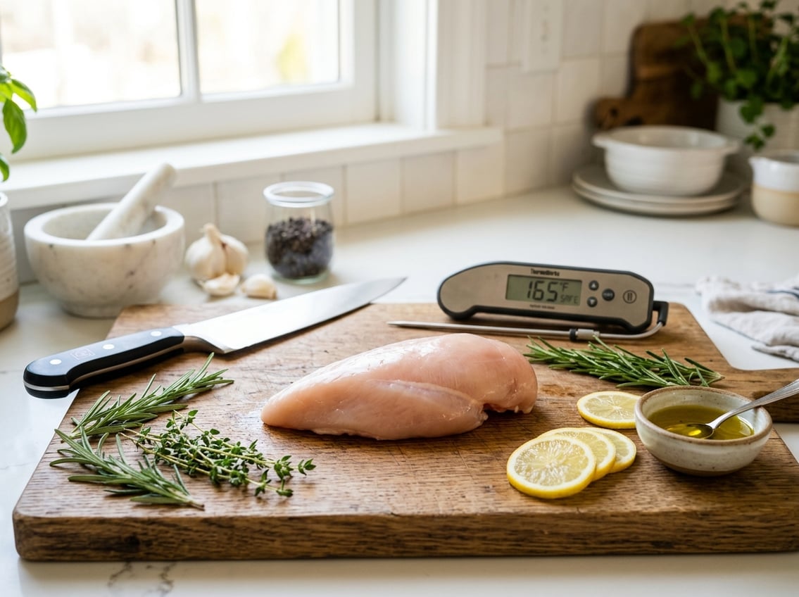 Fresh raw chicken breast on a cutting board with herbs, lemon slices, and a meat thermometer in a bright kitchen.