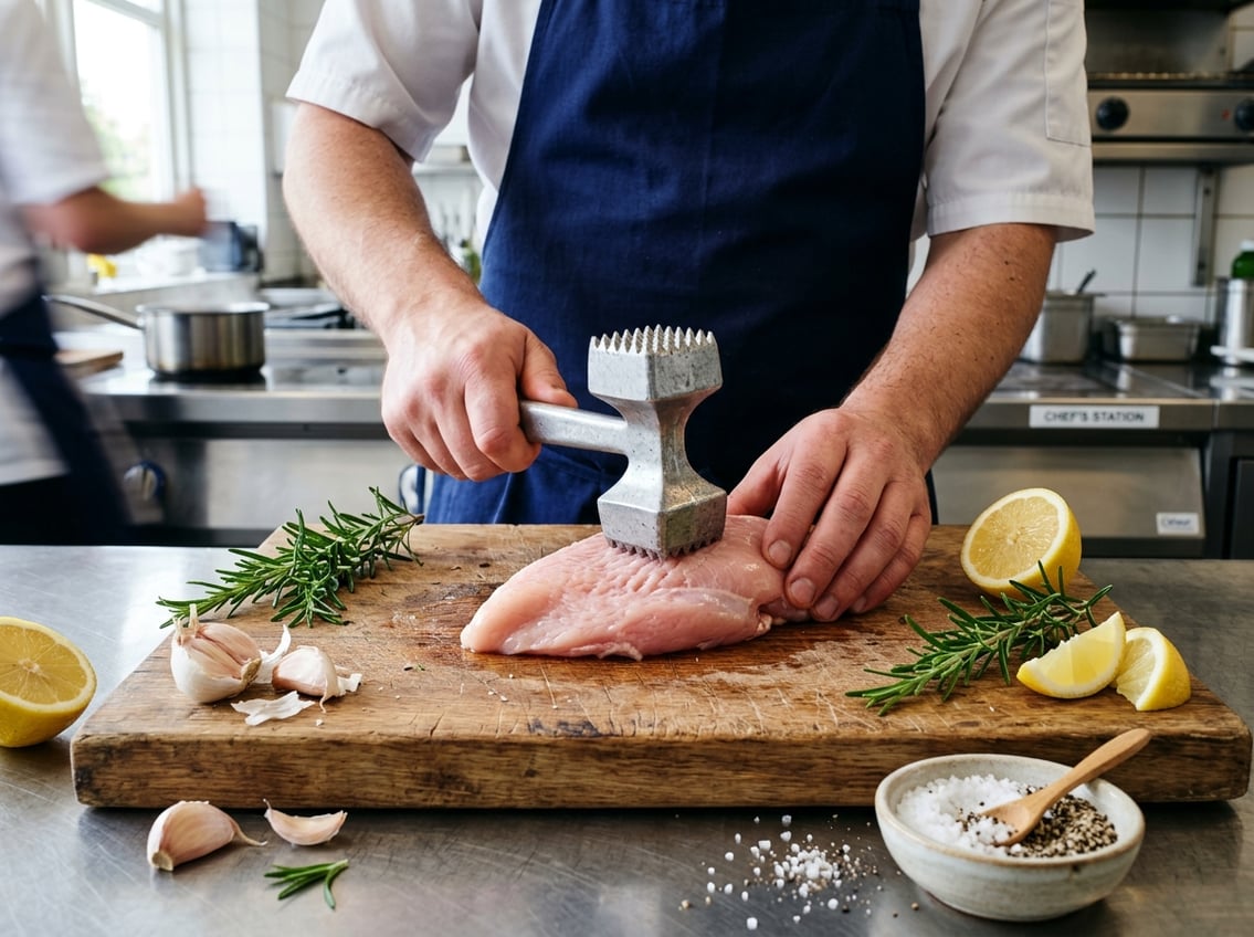 Chef tenderizing a raw chicken breast on a wooden cutting board with fresh herbs and ingredients nearby in a kitchen.