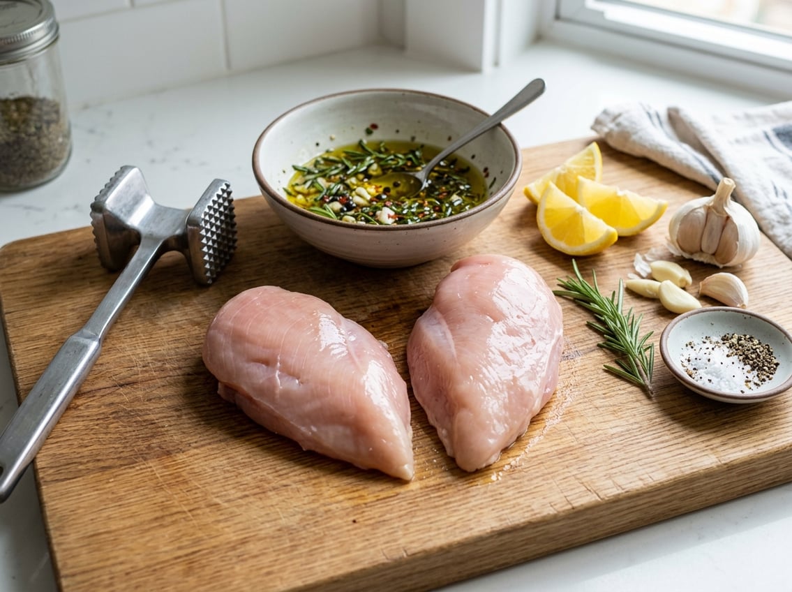 Raw chicken breasts on a cutting board with kitchen tools and ingredients for tenderizing, including a meat mallet, herbs, garlic, lemon slices, salt, and pepper.