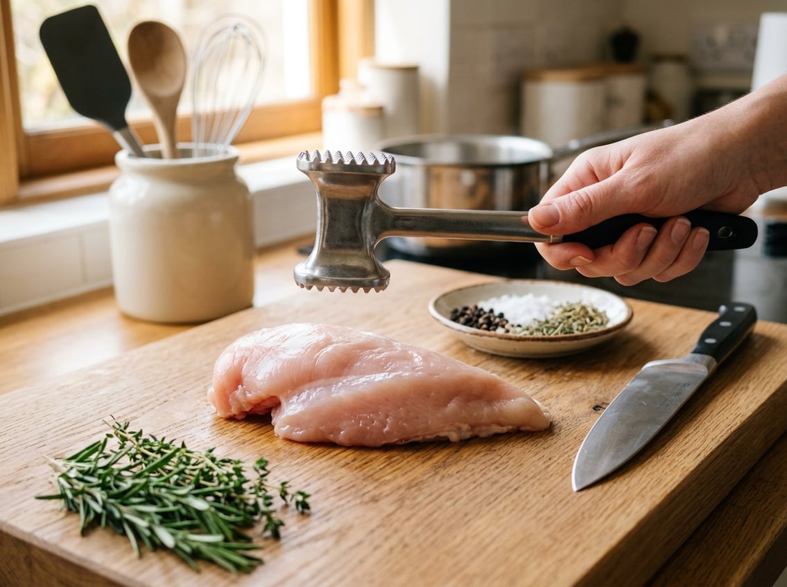 Close-up of a raw chicken breast on a cutting board with a hand holding a meat tenderizer above it, surrounded by herbs and spices.