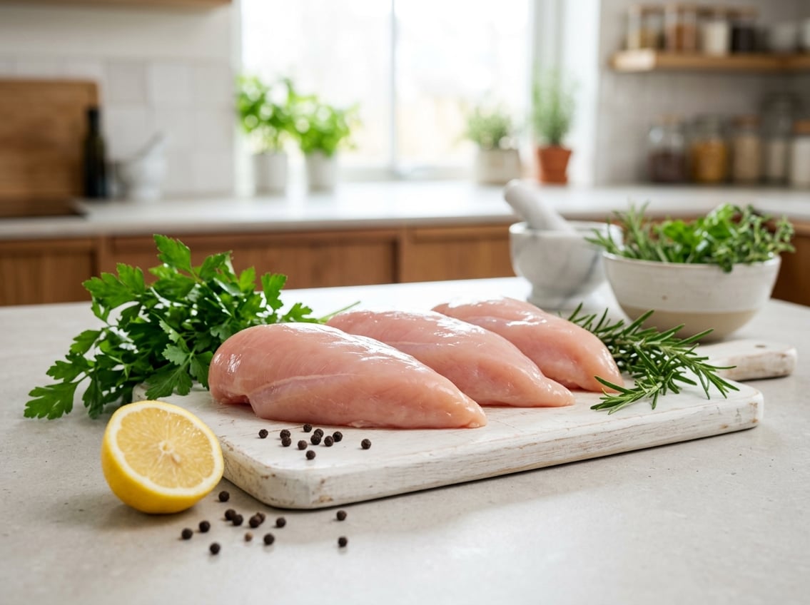 Fresh raw chicken breasts on a white cutting board with herbs and lemon on a kitchen countertop.