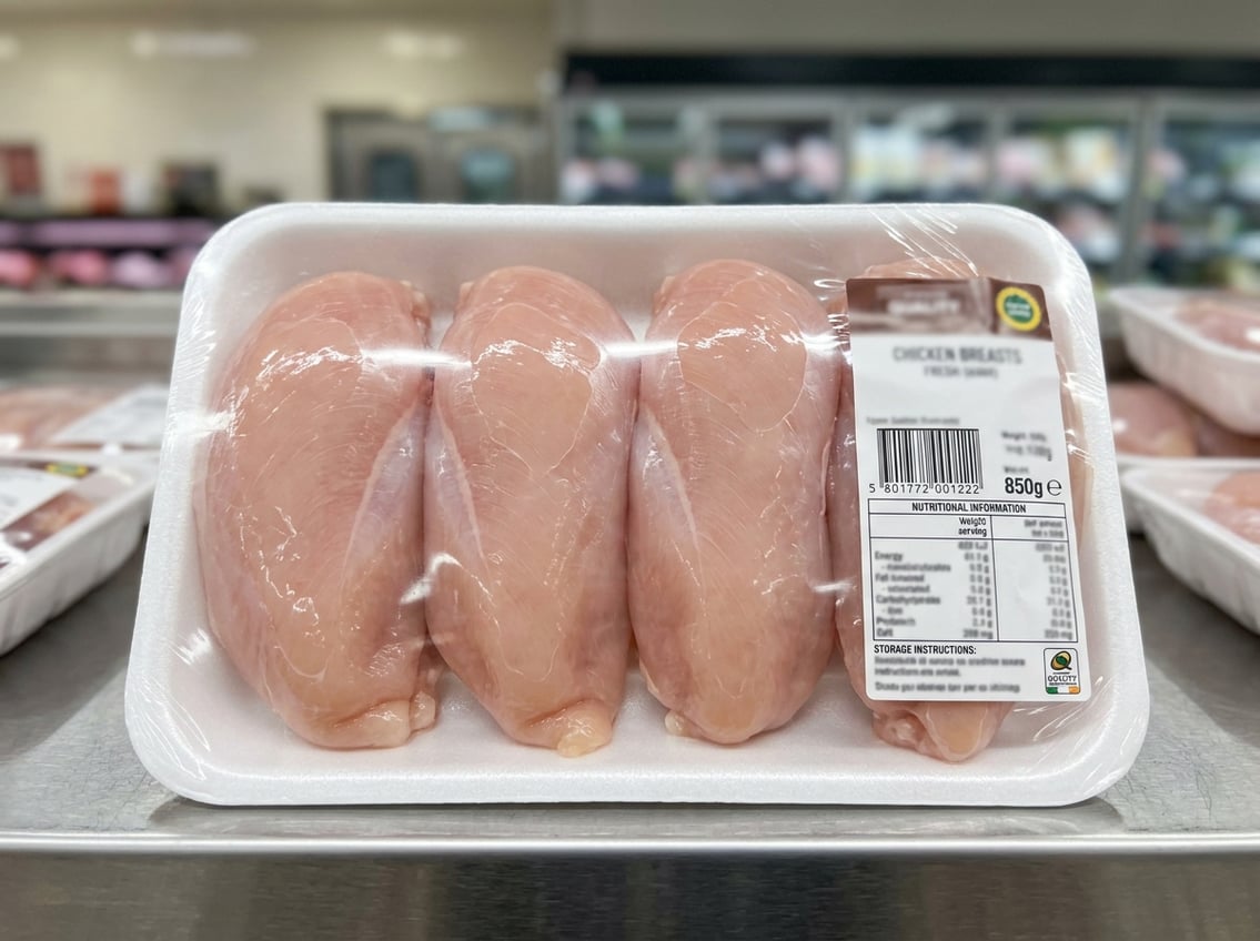 Close-up of fresh chicken breasts in clear store packaging with visible cut labels on a white tray.