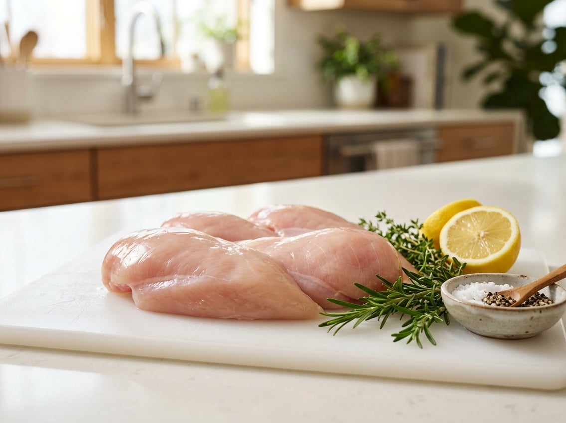 Close-up of fresh raw chicken breasts on a cutting board with herbs, lemon, and seasoning in a bright kitchen.