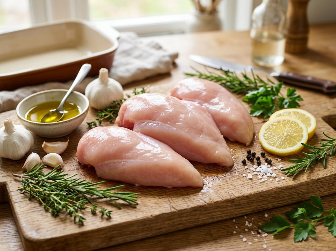Close-up of fresh raw chicken breasts on a wooden cutting board with herbs, garlic, lemon slices, and olive oil nearby.