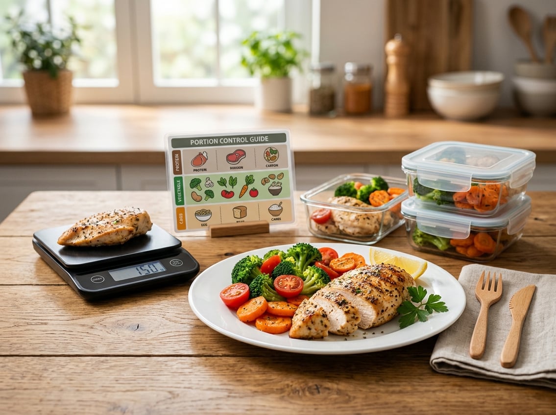 A cooked chicken breast on a plate with fresh vegetables on a kitchen table, surrounded by meal preparation tools.