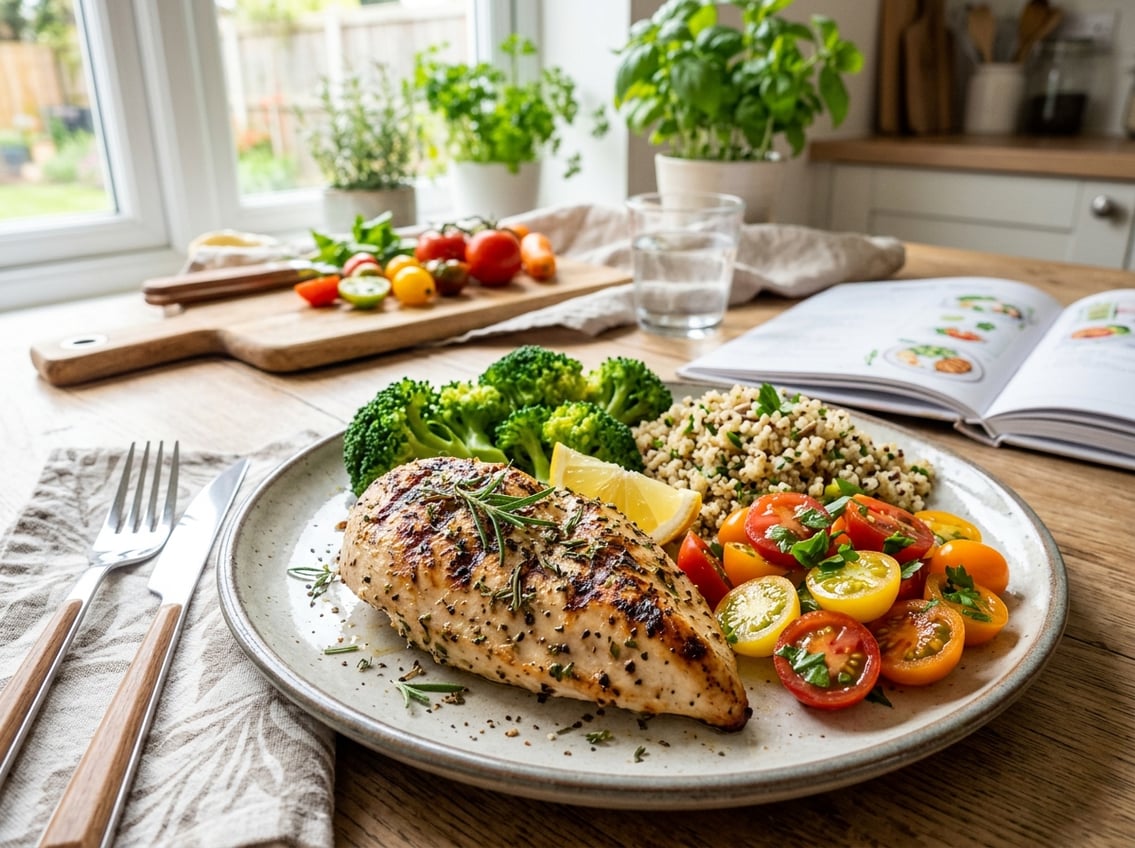 A cooked chicken breast served with steamed broccoli, cherry tomatoes, and quinoa on a plate in a bright kitchen.