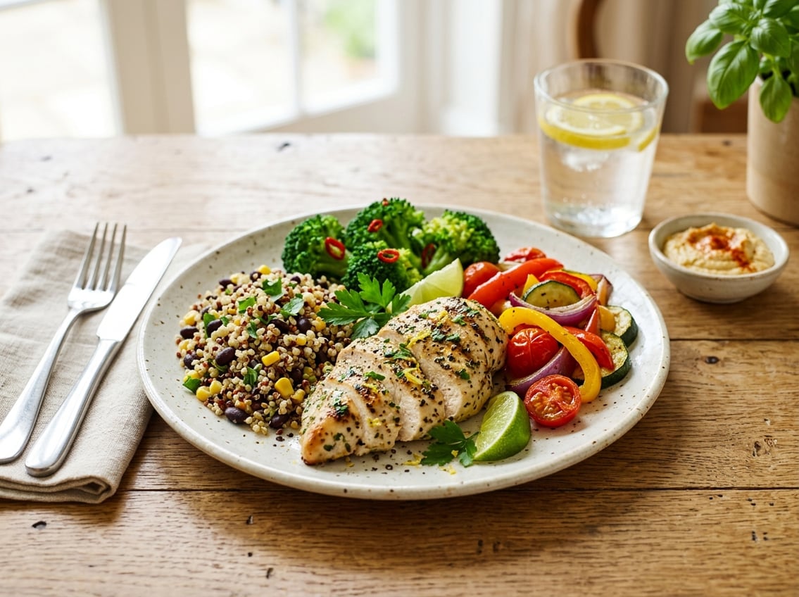 A plate with grilled chicken breast surrounded by fresh vegetables and grains on a wooden table with a glass of water nearby.