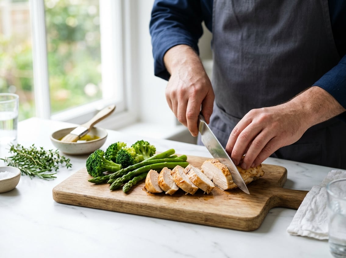 A person slicing cooked chicken breast on a cutting board with fresh green vegetables in a bright kitchen.