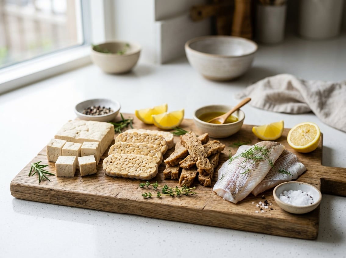 A wooden cutting board with various raw protein alternatives to chicken breast, including tofu, tempeh, seitan, and white fish fillets, surrounded by herbs and lemon wedges on a kitchen countertop.
