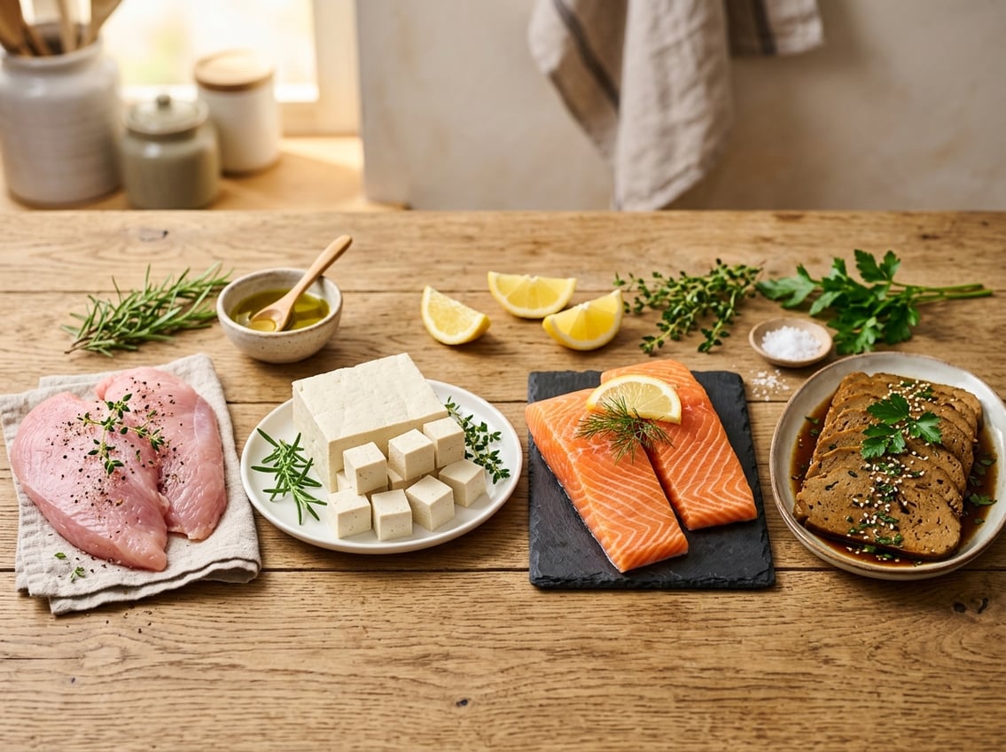 A variety of alternative protein options including turkey breast, tofu, salmon, and seitan arranged on a wooden table with herbs and lemon wedges.