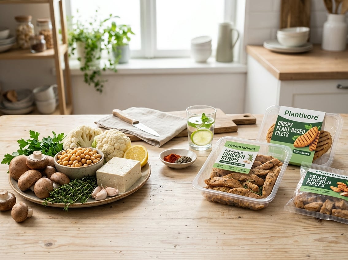 A wooden table displaying fresh whole-food plant-based ingredients on one side and packaged plant-based chicken alternatives on the other side in a bright kitchen setting.