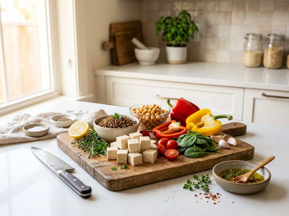 A kitchen countertop with tofu, lentils, chickpeas, and fresh vegetables arranged on a cutting board as alternatives to chicken breast.