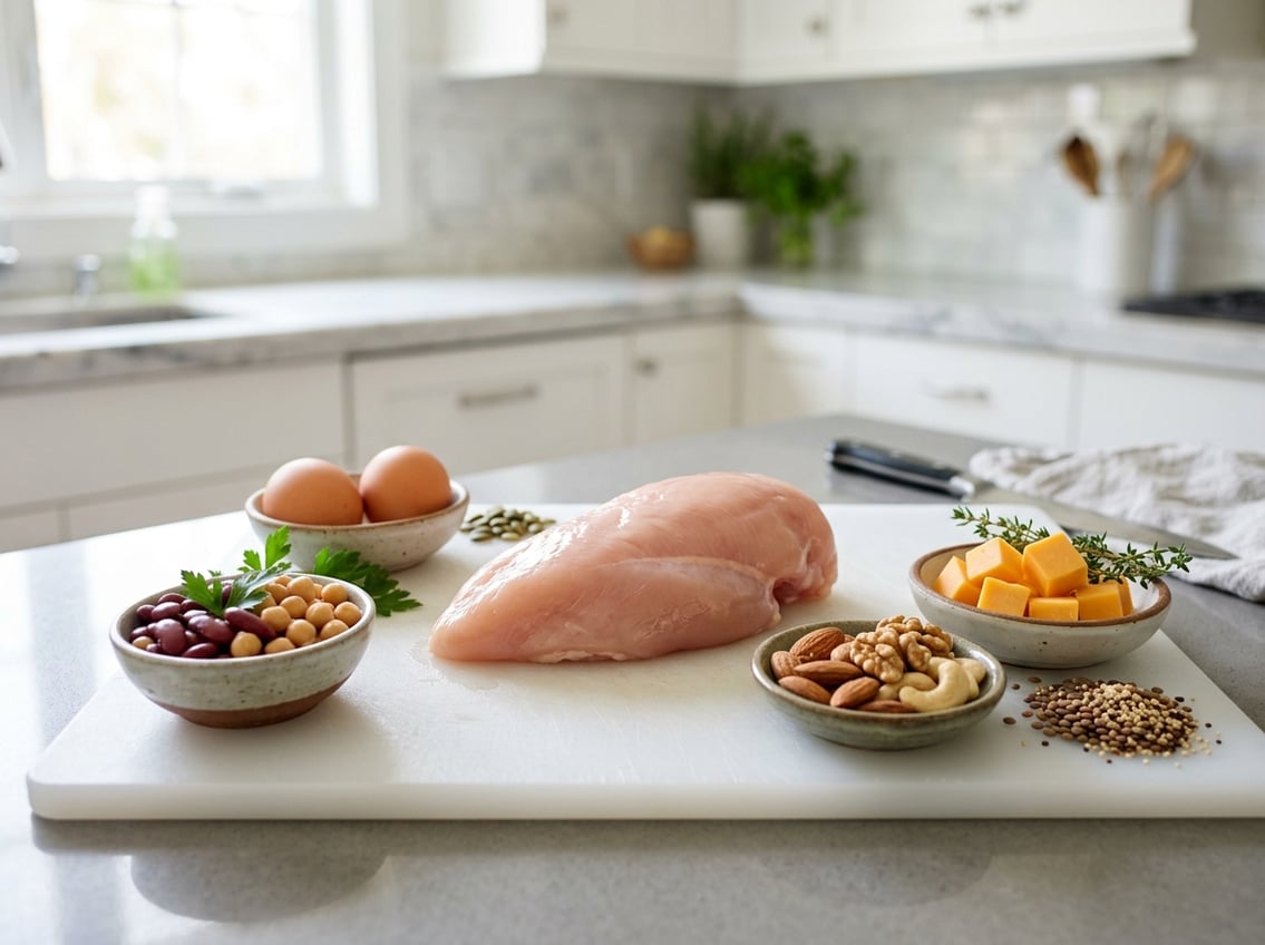 A fresh raw chicken breast on a white cutting board surrounded by bowls of protein-rich foods in a kitchen.